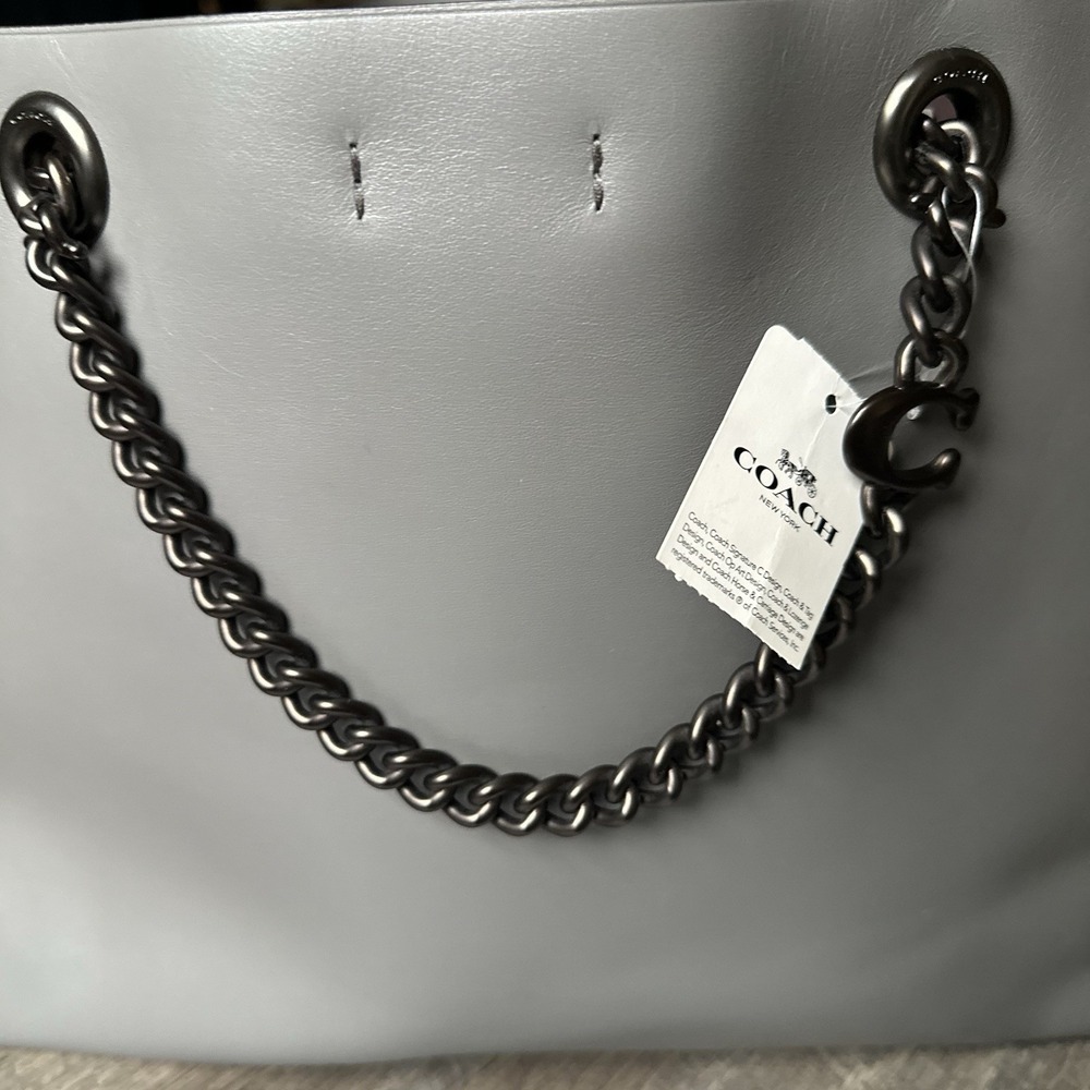 $375 COACH Signature Chain Convertible Gray Large Tote with Black Chain - Picture 5 of 16